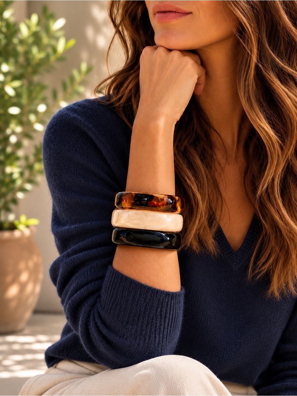 NIB | Modern Resin Bangle Bracelet Set | Sculptural Black, Amber & Ivory Trio